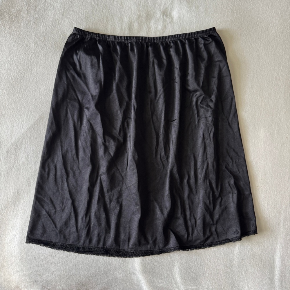 Vintage Lace Trim Slip Skirt S Side Slit Elastic Waist Underskirt 90s Whimsigoth